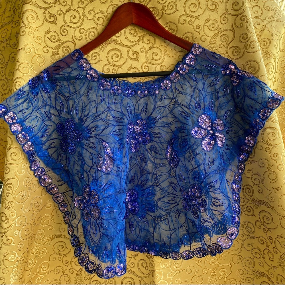 Blue Sequined Beaded See Through Top